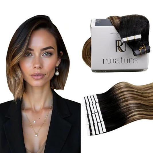 RUNATURE Tape in Hair Extensions Human Hair Black Ombre Hair Tape in Extensions Balayage Remy Hair Extensions Tape Ins Short Human Hair Black to Caramel Blonde 12 Inch 30g 20pcs