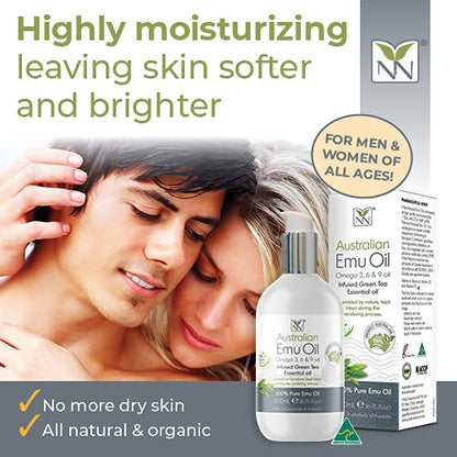 Y-Not Natural Ultra Pure Australian Emu Oil - Luxury, Hospital Grade Emu Oil 200mL | Free Range Aboriginal Omega 3, 6 & 9 Oil Infused with Green Tea - The Ultimate Moisturizer for Skin, Hair, Nails, and Scalp