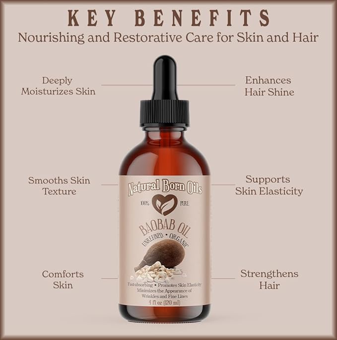 Natural Born Oils Baobab Oil, 16oz, Organic, Cold-Pressed, Nutrient-Dense, Deep Moisturizing for Skin, Hair Revitalizer