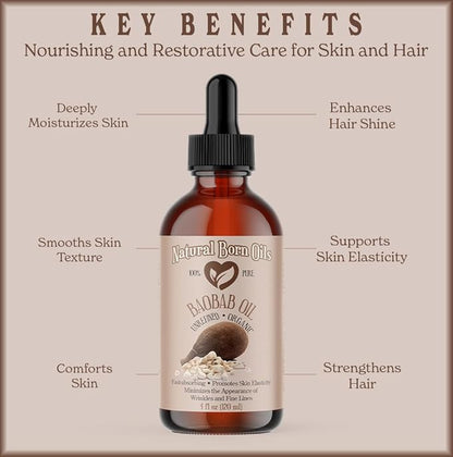 Natural Born Oils Baobab Oil, 16oz, Organic, Cold-Pressed, Nutrient-Dense, Deep Moisturizing for Skin, Hair Revitalizer