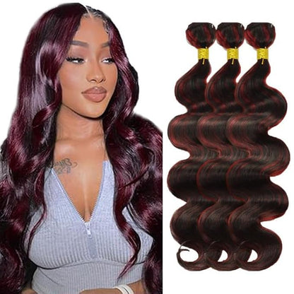 28 30 32 Inch P1B99J Bundles Human Hair Ombre Body Wave Bundle 2 Tone Red and Black Bundles Double Weft Burgundy Body Wave Hair Weave