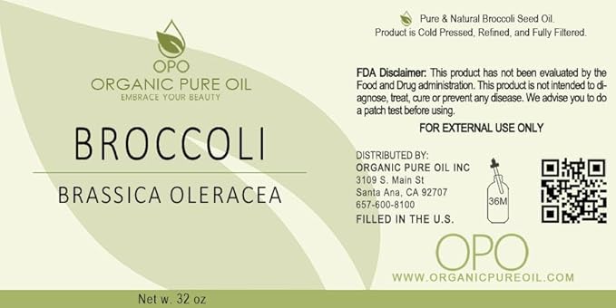 Broccoli Seed Oil - Pure, Refined, Filtered, Non-GMO, Unscented, Deodorized, Virgin Carrier Oil - 32 oz - Hydrating, Moisturizing, for Skin, Hair, Nails, Body