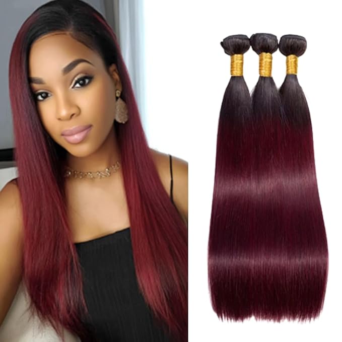 1B99j Ombre Burgundy Straight Bundles Human Hair Black and Burgundy Straight Bundles two tone Brazilian Human Hair Weave Soft and Silky for Women 16 18 20 Inch