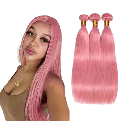 Light Pink Human Hair Bundles Pink Straight Bundle Niegmeag Peruvian Virgin Remy Hair 3 Bundles 24 26 28 Inch Double Weft Light Rose Bundle 300g
