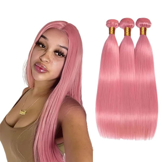 Light Pink Human Hair Bundles Pink Straight Bundle Niegmeag Peruvian Virgin Remy Hair 3 Bundles 24 26 28 Inch Double Weft Light Rose Bundle 300g