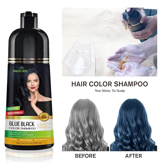 Herbishh Blue Black 3 in 1 Hair Dye Shampoo (Pack of 3) 16.9 FL Oz Each and Pro Keratin Argan Oil Hair Mask 5.07 Fl Oz Combo for Dry Damaged Hair 150 ML - Long Lasting Grey Hair Color for Women