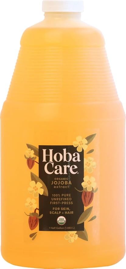 HobaCare Bulk Organic Jojoba Oil - Natural 100% Pure Hexane Free Unrefined Carrier Oil for Skincare, Beard, Hair, Face, Scalp Massage, Bath, Facial - Long Shelf Life (64 oz Half Gallon)