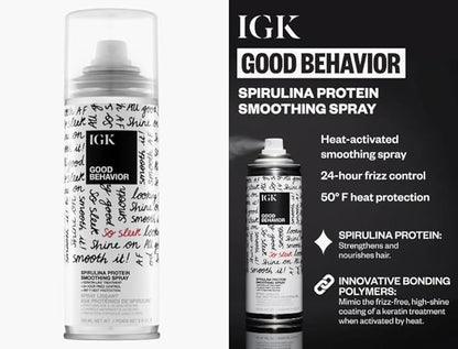 IGK GOOD BEHAVIOR | Ultra Smooth Shampoo (8 Oz) + Spirulina Protein Spray (5.6 Oz) | Frizz Control + Hydrates + Shine | Vegan + Cruelty-Free |