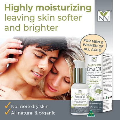 Y-Not Natural Ultra Pure Australian Emu Oil - Luxury, Hospital Grade Emu Oil 60 mL | Free Range Aboriginal Omega 3, 6 & 9 Oil Infused with Lemongrass - The Ultimate Moisturizer for Skin, Hair, Nails, and Scalp
