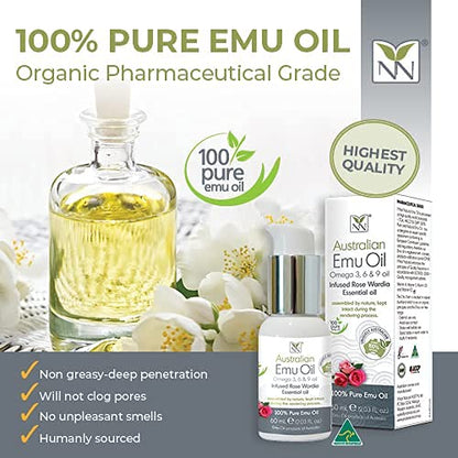 Y-Not Natural Ultra Pure Australian Emu Oil - Luxury Emu Oil 60 mL - Free Range Aboriginal Omega 3, 6 & 9 Infused with Rose Wardia - The Ultimate Moisturizer for Skin, Hair, Nails, and Scalp