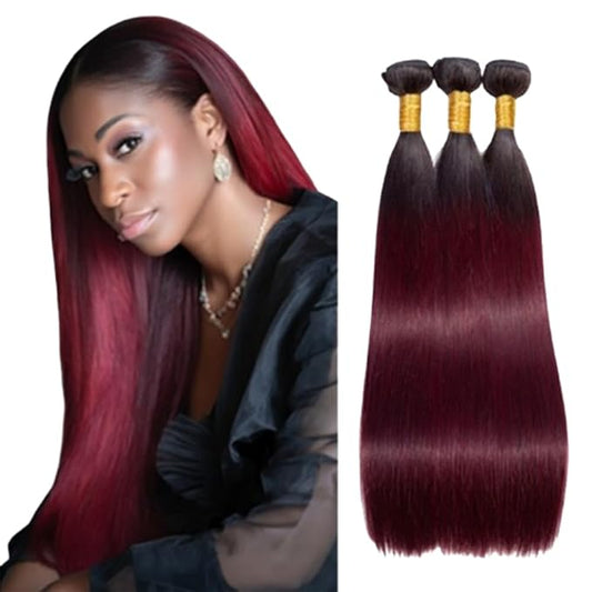 Color 1B99j Straight Bundles #1B Mixed With 99j Straight Bundles two tone Brazilian Hair Extensions Soft and Silky for Women 22 24 26 Inch