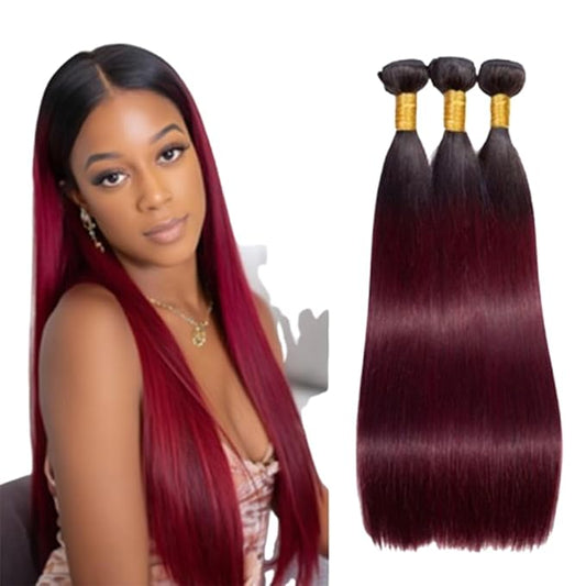 1B99J Straight Bundles Black Mixed With Burgundy Straight Bundles two tone Brazilian Hair Extensions Soft and Silky for Women 24 26 28 Inch