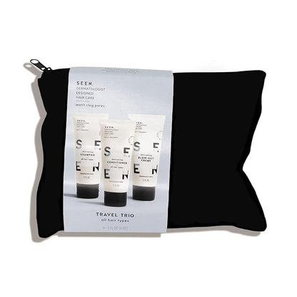 SEEN Travel Trio, Fragrance Free - Non-Comedogenic & Sulfate-Free Blow-Out Hair Cream, Shampoo & Conditioner Set- Reduces Frizz- Heat Protectant- Safe for Sensitive & Eczema Prone Skin
