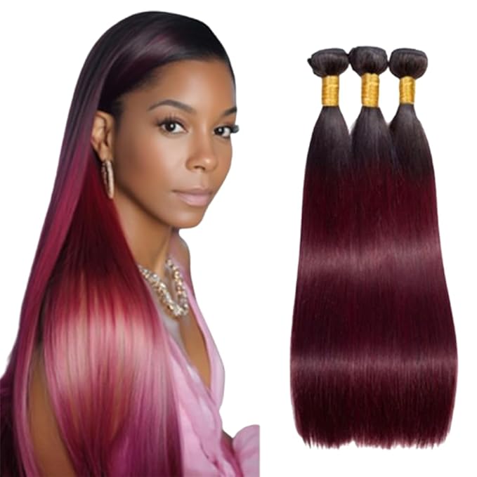 1B99j Ombre Burgundy Straight Bundles Black and Burgundy Straight Bundles two tone Brazilian Hair Weave Soft and Silky for Women 18 20 22 Inch