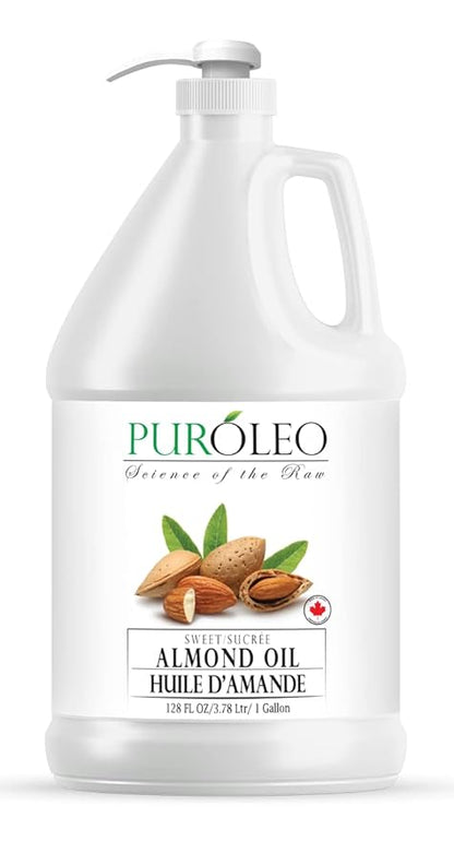 PUROLEO Sweet Almond Oil 128 Fl Oz/3784 ML (Packed In Canada) Pure Almond Oil for Skin, Hair, & Body | Organic Carrier Oil & Body Oils For Women