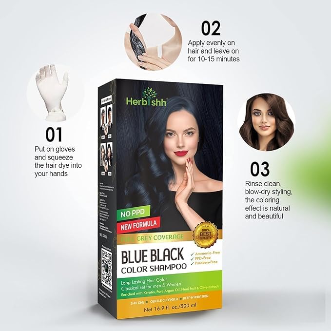 Herbishh Blue Black 3 in 1 Hair Dye Shampoo (Pack of 3) 16.9 FL Oz Each and Pro Keratin Argan Oil Hair Mask 5.07 Fl Oz Combo for Dry Damaged Hair 150 ML - Long Lasting Grey Hair Color for Women