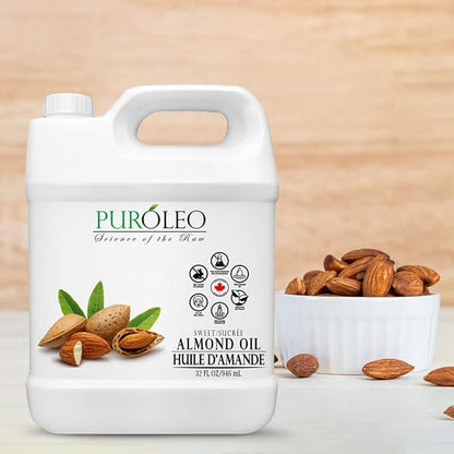 PUROLEO Sweet Almond Oil 32 Fl Oz/946 ML 100% Natural and Pure | Moisturizer & Carrier Oil | Beauty & DIY Blends, Massage Oil, Body Oil, Hair Oil and Baby Oil | Made from Almonds raw