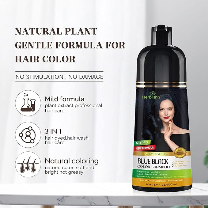 Herbishh Blue Black 3 in 1 Hair Dye Shampoo (Pack of 3) 16.9 FL Oz Each and Pro Keratin Argan Oil Hair Mask 5.07 Fl Oz Combo for Dry Damaged Hair 150 ML - Long Lasting Grey Hair Color for Women