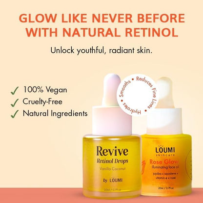 LOUMI Skincare Daily Duo - Rose Glow and Revive Retinol Drops - Moisturizing Face Oil - Lightweight Hydration - Vegan, Paraben-Free, Sulfate-Free, Cruelty-Free, Facial Skin Care for Women & Men
