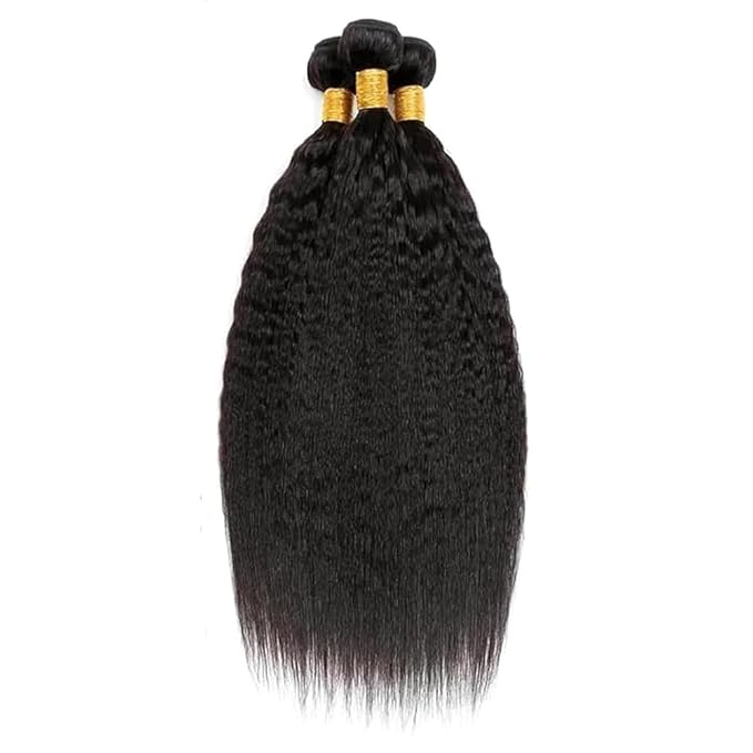 #1B Yaki Human Hair Bundles Natural Color Kinky Straight Bundles Brazilian Human Hair Extensions Soft and Silky for Women Kinky Straight 20 22 24 Inch