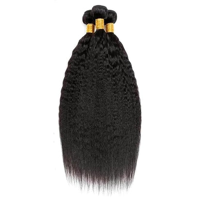#1B Yaki Human Hair Bundles Natural Color Kinky Straight Bundles Brazilian Human Hair Extensions Soft and Silky for Women Kinky Straight 20 22 24 Inch
