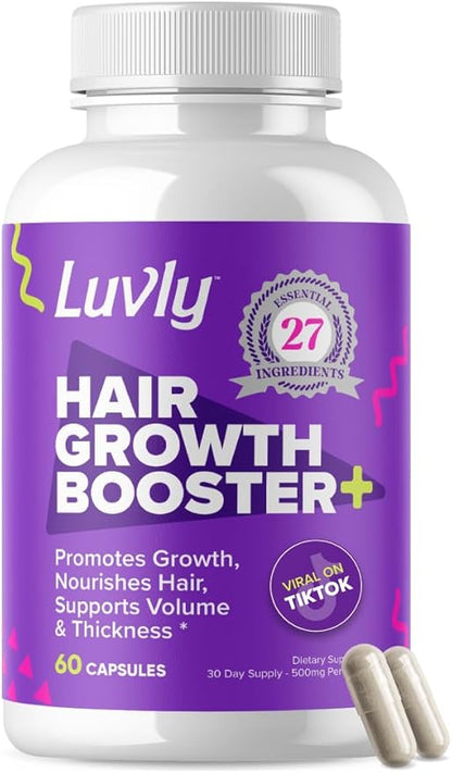 Luvly Hair Growth Booster+ Natural Hair Growth Vitamins for Women with Thinning Hair - Biotin & Vitamin Supplements with Plant Based Complex for Thickening, Longer, Stronger Hair Skin Nails - Non-GMO