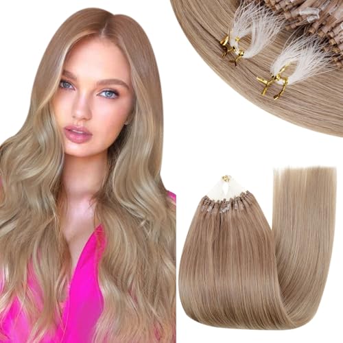 RUNATURE Micro Ring Hair Extensions Human Hair Micro Link Extensions Ombre Brown to Blonde Micro Loop Hair Extensions Balayage Hair 50g 22 Inch 1g/Strand