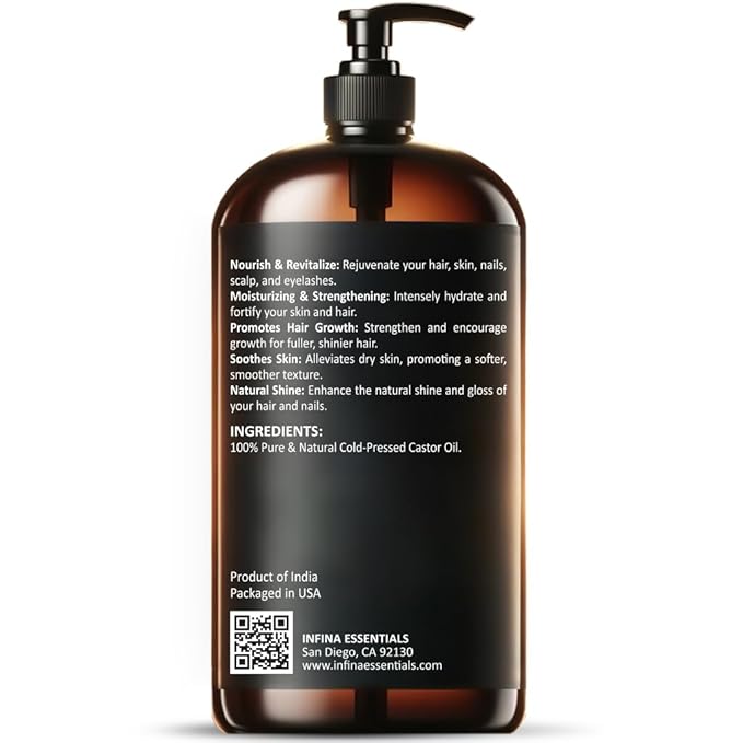 Pure Cold Pressed Castor Oil - Hexane Free, Glass Bottle for Hair Growth, Face, Scalp, Skin & Eyelashes - Nourishing and Moisturizing - 16 fl oz
