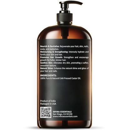 Pure Cold Pressed Castor Oil - Hexane Free, Glass Bottle for Hair Growth, Face, Scalp, Skin & Eyelashes - Nourishing and Moisturizing - 16 fl oz