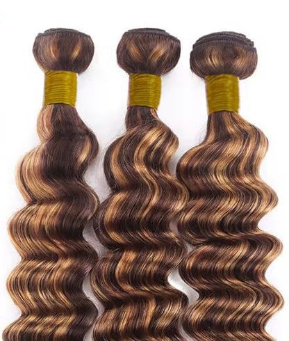 P1B/30 Human Hair Bundles Highlight Deep Wave Bundles 12 14 16 Inch Unprocessed Brazilian Virgin Remy Hair Extensions Silky Soft Ombre Light Brown Hair Weave