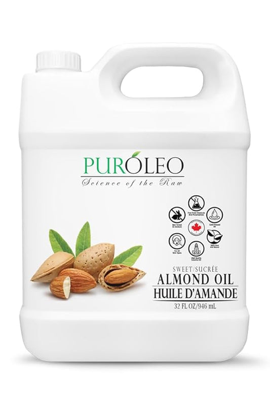 PUROLEO Sweet Almond Oil 32 Fl Oz/946 ML 100% Natural and Pure | Moisturizer & Carrier Oil | Beauty & DIY Blends, Massage Oil, Body Oil, Hair Oil and Baby Oil | Made from Almonds raw