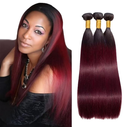 Ombre 1B99J Hair Straight Bundles Black and Wine red Straight Bundles two tone Brazilian Hair Extensions Soft and Silky for Women 26 28 30 Inch