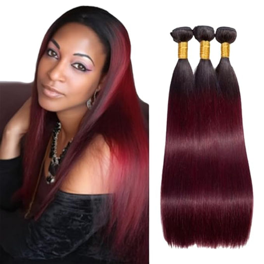 Ombre 1B99J Hair Straight Bundles Black and Wine red Straight Bundles two tone Brazilian Hair Extensions Soft and Silky for Women 26 28 30 Inch