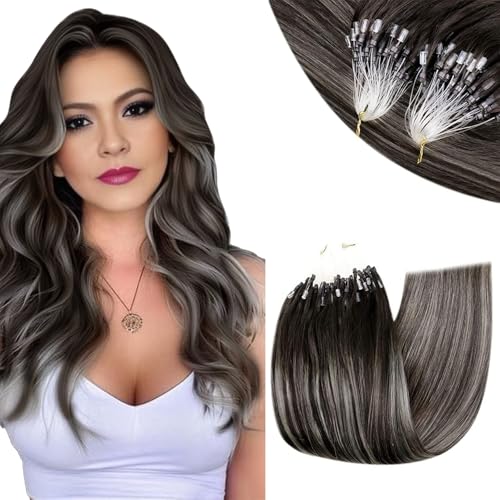 RUNATURE Micro Beads Hair Extensions Human Hair Ombre Black to Silver Microlink Hair Extensions Cold Fusion Micro Human Hair Extensions Full Ends Straight Microbead Hair Extensions 16 Inch 50g 50s