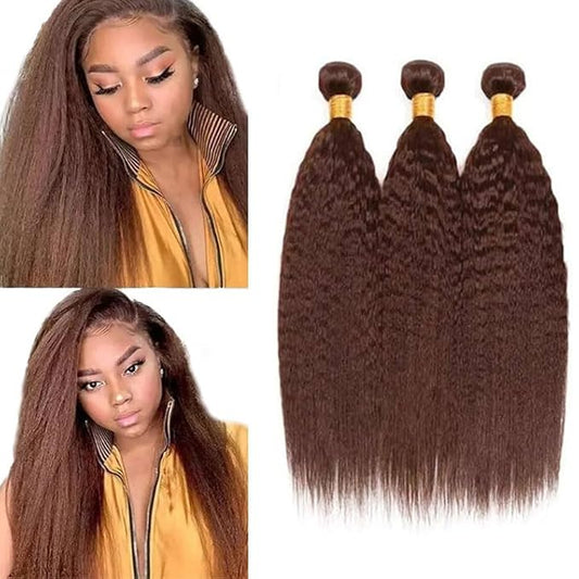 #4 Brown Bundles Human Hair Yaki Straight Bundles 20 22 24 Inch Human Hair Weave 3 Bundle Unprocessed Brazilian Virgin Hair Dark Brown Kinky Straight Human Hair Extensions 50 Grams/Bundle
