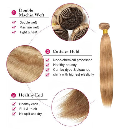 #27 Blonde Bundles Human Hair Straight Bundles 26 28 30 Inch Unprocessed Brazilian Virgin Hair Weave 3 Bundle Honey Blonde Human Hair Extensions 50 Grams Per Bundle