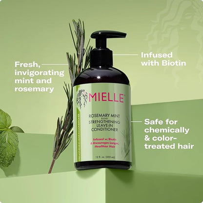 Mielle Organics Rosemary Mint Strengthening Leave In Conditioner for Curly Hair - Hydrating Hair Moisturizer Infused with Biotin to Soften, Protect & Boost Shine (12 Oz)