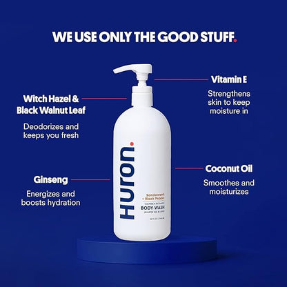 Huron Jumbo Shower Kit - Shampoo, Conditioner, & Body Wash For Men - Sandalwood + Black Pepper Scent - Hydrating & Nourishing Men’s Shampoo & Conditioner (30.3 Oz Each)