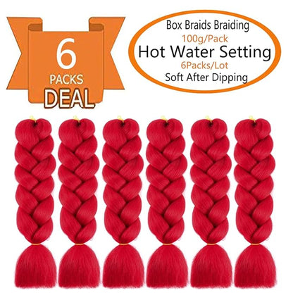 6 Packs Ombre Jumbo Braiding Hair Extensions 24 Inch High Temperature Synthetic Fiber Hair Extensions for Box Braids Braiding Hair (Red)