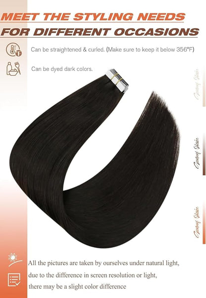 Sunny Hair Tape in Hair Extensions Real Human Hair Invisible Remy Hair Extensions Tape ins for Women Darker Brown 24 inch 20Pcs 50G