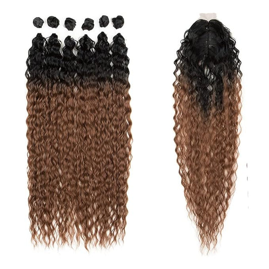 DÉBUT 30 Inch Synthetic Hair Bundles Water Wave 6 Bundles with Closure High Temperature Weaving Hair Extensions 290g for Full Head Heat Resistant Deep Curly Hair 7PCS TT1B/30 Dark Roots with Brown