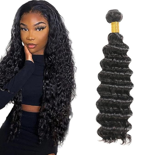 #1B Human Hair Bundles Deep Wave Bundles 32 Inch Unprocessed Brazilian Virgin Hair Weave 1 Bundle 50 Grams Per Bundle Natural Color Bundle Human Hair Extensions