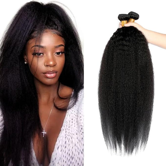 Kinky Straight Human Hair Bundles Natural Black Yaki Straight Bundles Hair Extensions 22 24 26 Inch Grade 8A Brazilian Virgin Remy Hair 3 Bundles Double Weft Real Color 1B Hair Weave