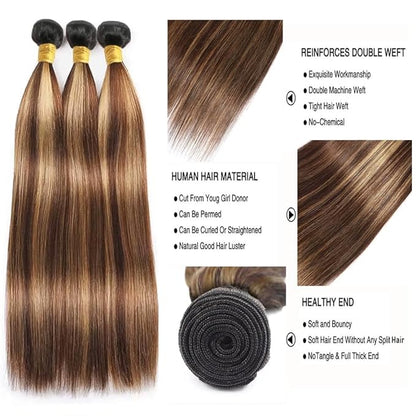 P427 Straight Bundles Highlight Ombre Dark Brown and Honey Blonde Bundles Two Tone Brazilian Human Hair Extensions Soft and Silky for Black Women 8 10 12 Inch