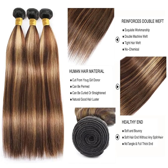 P427 Straight Bundles Human Hair Highlight Straight Bundles Brown and Blonde Double Weft Brazilian Human Hair Extensions Soft and Silky for Black Women 22 24 26 Inch