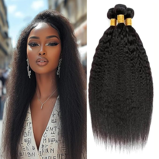 Color 1B Human Hair Bundles Yaki Straight Natural Color Kinky Straight Bundles Brazilian Human Hair Soft and Silky for Women 24 26 28 Inch