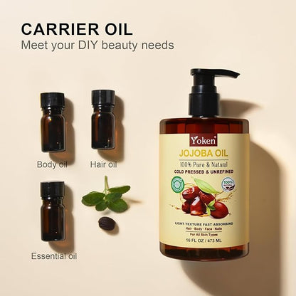 Yoken Pure Jojoba Oil Organic USDA Certified 16 fl oz, 100% Natural Jojoba Oil for Hair, Skin & Face, Cold Pressed Unrefined, Deeply Moisturizing Body Carrier Oils for Essential Oils Mixing