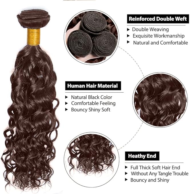 Brown Water Wave Bundles Human Hair Color 4 Bundle Niegmeag Peruvian Virgin Soft and Silky Remy Hair 3 Bundles 12 12 12 Inch Double Weft Hair Weave 300g