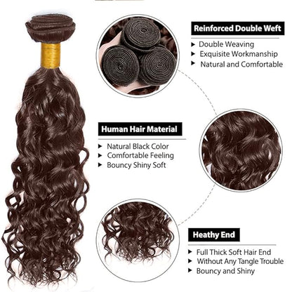 Brown Water Wave Bundles Human Hair Color 4 Bundle Niegmeag Peruvian Virgin Soft and Silky Remy Hair 3 Bundles 12 12 12 Inch Double Weft Hair Weave 300g
