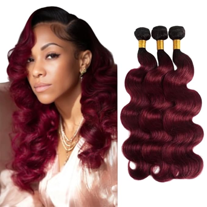 1B99J Bundles Body Wave Bundles Two Tone Black and Burgundy Body Wave Brazilian Hair Weave Soft and Silky for Women 8 10 12 Inch